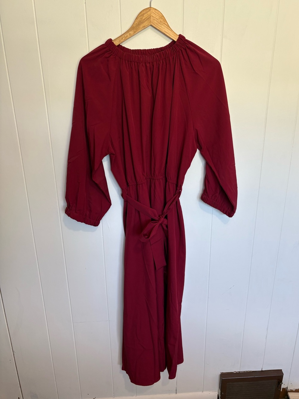 XL Tie-Waist Midi Dress in Burgundy/Wine Minimalist Classic Modest